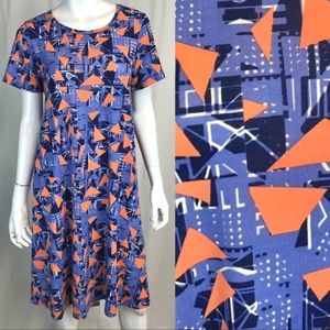 Lularoe Carly Swing Dress, Size XXS but runs big, Orange & Blue Geometric Print